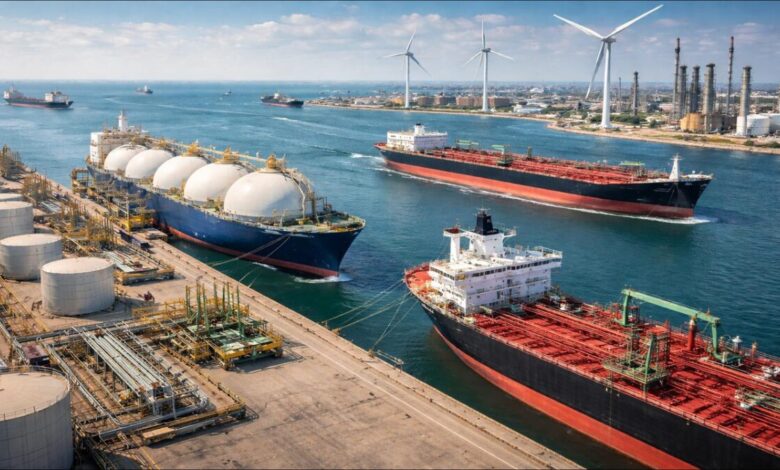 A large liquefied natural gas (LNG) carrier sails across the ocean.