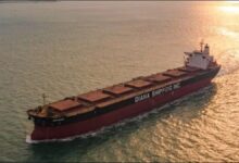 A Diana Shipping dry bulk carrier ship sails on the ocean.