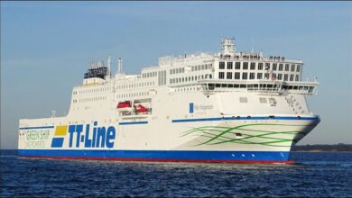 TT-Line's LNG-powered Ro-Pax ferry Nils Holgersson at a port.