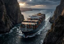 A large container ship traverses a strategic maritime strait, central to global trade routes.