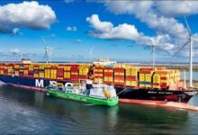 LNG bunkering operation by Titan Clean Fuels for an MSC containership in Rotterdam.